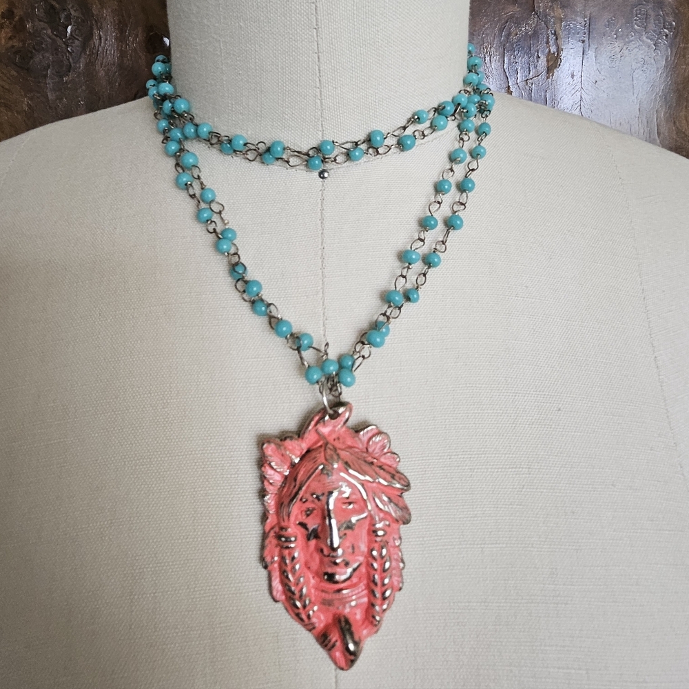 Bohemian Turquoise and Coral Painted Necklace